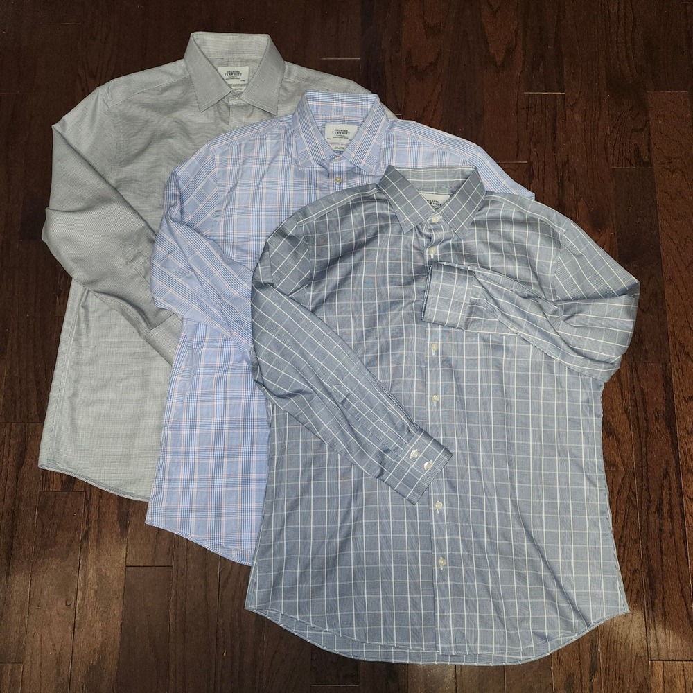 Lot of 3 Charles Tyrwhitt Mens Slim Fit Dress Shirts 17/33 Blue Plaid Microcheck
